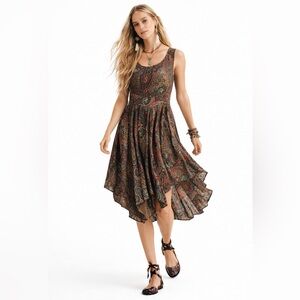 Boho Paisley Asymmetrical Midi Dress Organic Viscose Handkerchief Summer Dress M